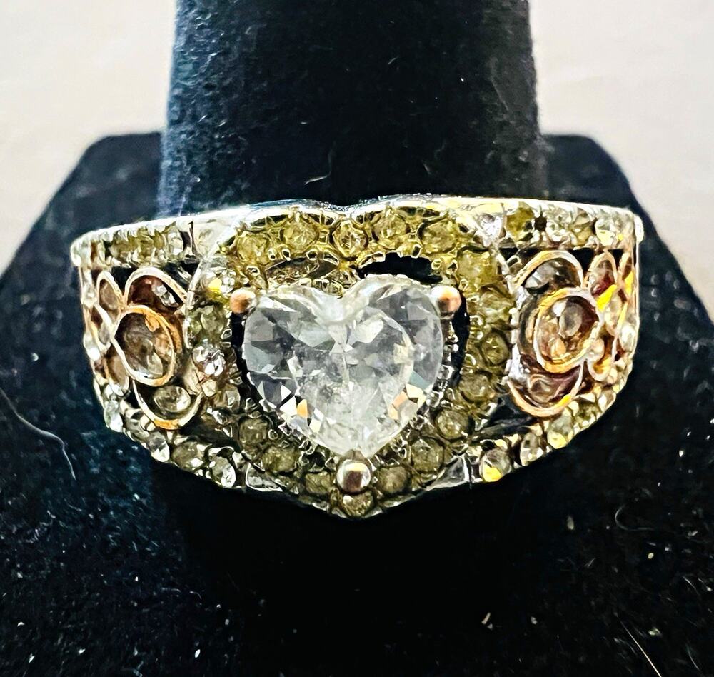 Vintage Silver Tone Heart Clear Crystal Prong Set Love Cocktail Ring Size 10.5
